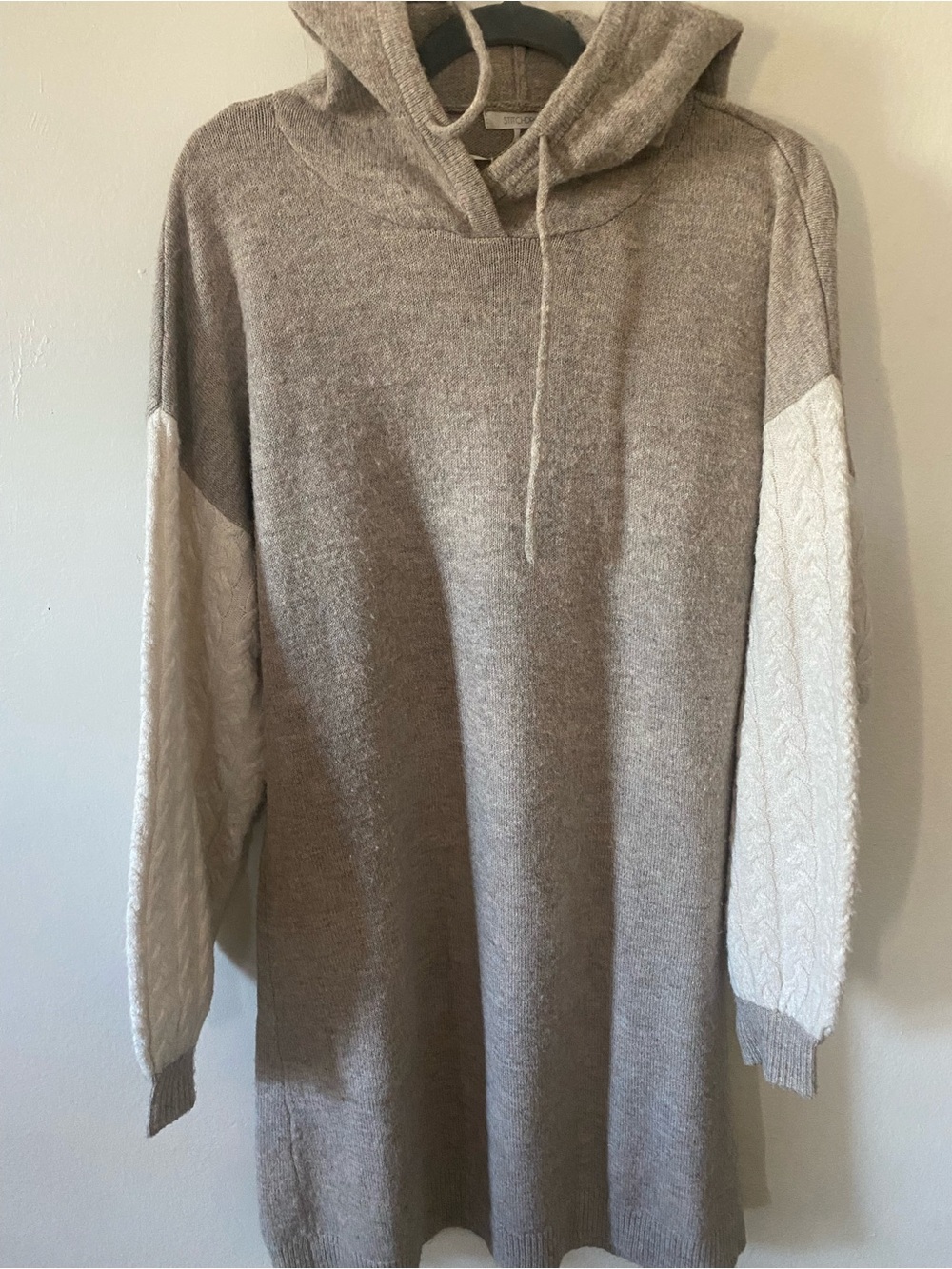 Women's Taupe Hooded Crewneck Sweater with Cream Cable Sleeves